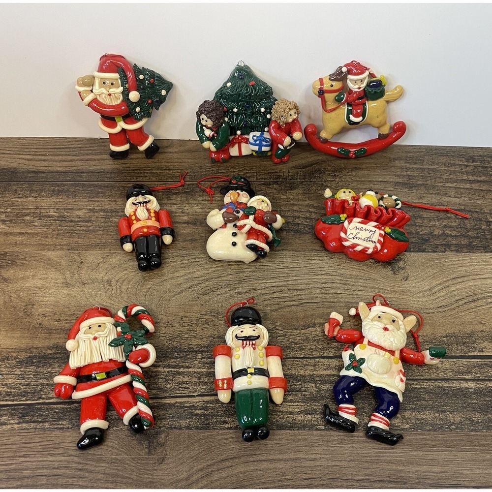 Lot Of 9 Vintage Handmade Christmas Clay Salt Dough Ornaments Folk Art Snowman